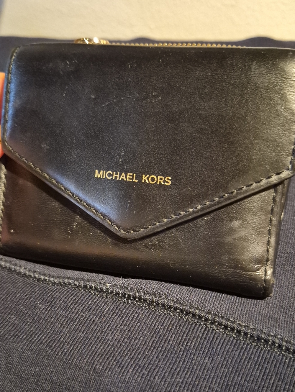 Michael Kors Black Leather Envelope Wallet with Gold Logo